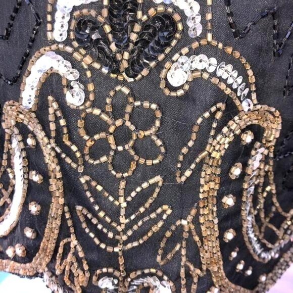 Laurence Kazar Silk Blouse Size PP Vintage Black Gold Beaded Lined Shoulder Pads - Picture 3 of 12